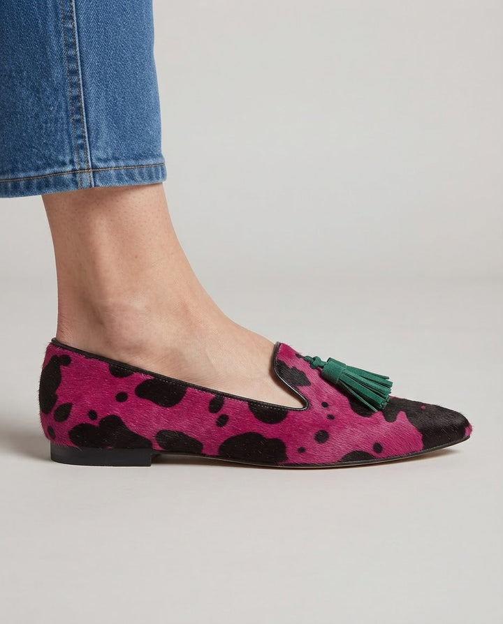 Mocassino Ginevra — Mucca Fucsia, Nappine Verdi - immagine 3