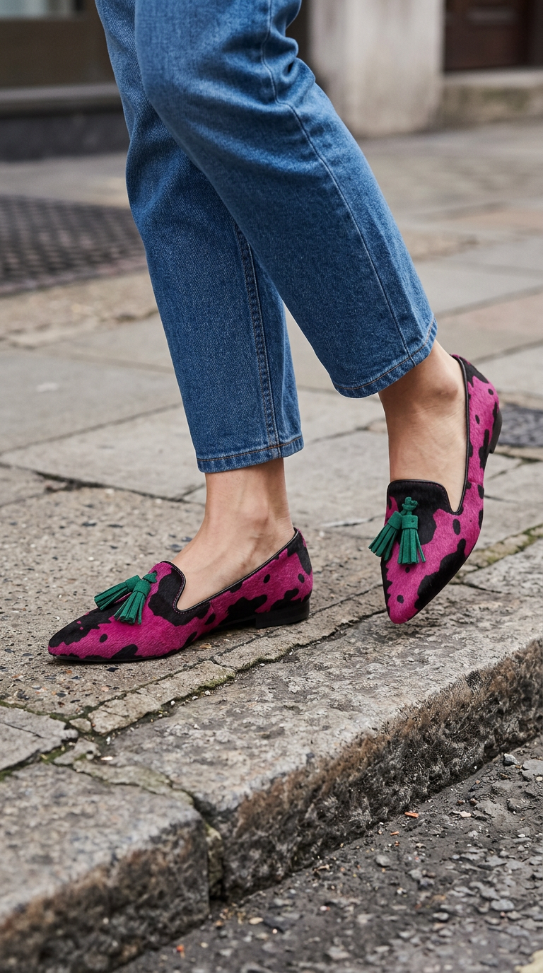 Mocassino Ginevra — Mucca Fucsia, Nappine Verdi - immagine 4