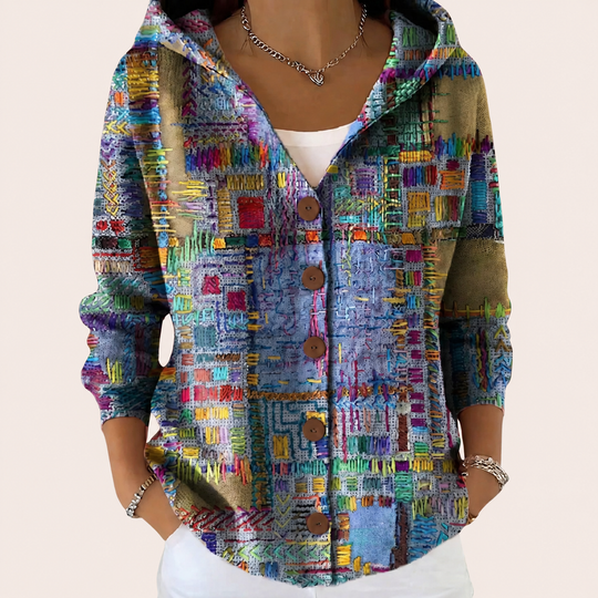 Nerina - giacca in maglia multicolore con cappuccio