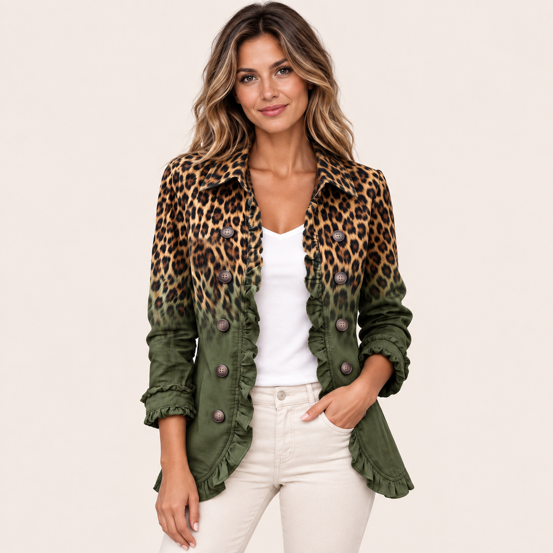 Nunzia | Blazer Leopardo Verde con Volant - vista frontale