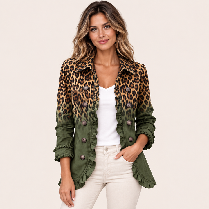 Nunzia | Blazer Leopardo Verde con Volant - vista frontale