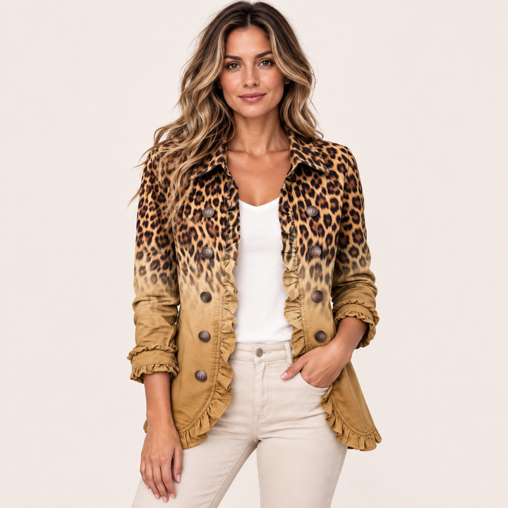 Ortensia | Blazer Leopardo Ocra con Volant - vista frontale