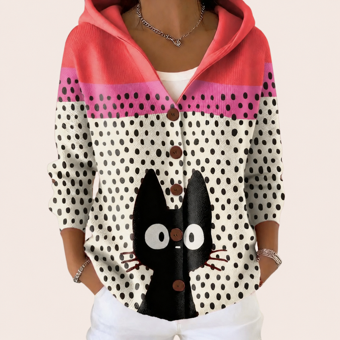 Sveva - giacca in maglia fantasia con gatto e cappuccio