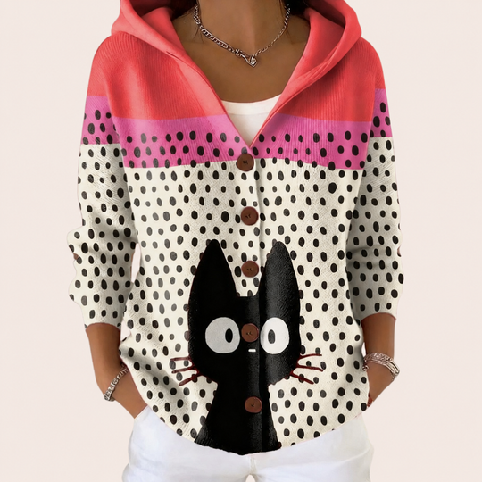 Sveva - giacca in maglia fantasia con gatto e cappuccio